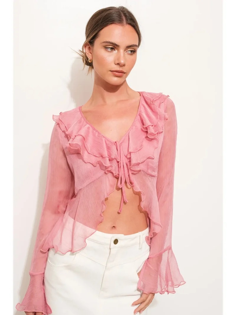 Sheer Ruffle Tie-Front Blouse in Pink